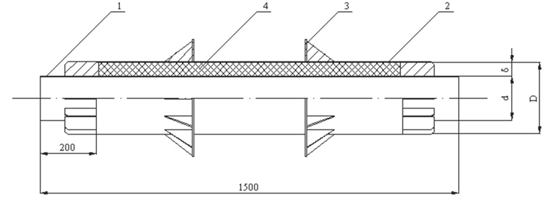 Рисунок 4. Конструкция предизолированной неподвижной опоры. (1 – стальная труба, 2 – футляр, 3 – стальной упорный щит, 4 – пенополимерминеральная изоляция)